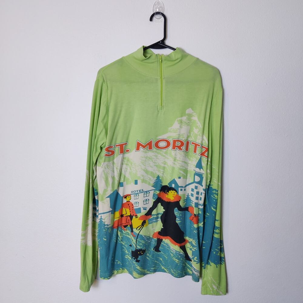 Neve St. Moritz Swiss Apres Ski Graphic 1/2 Zip Pullover XL Silk Wool Base Layer